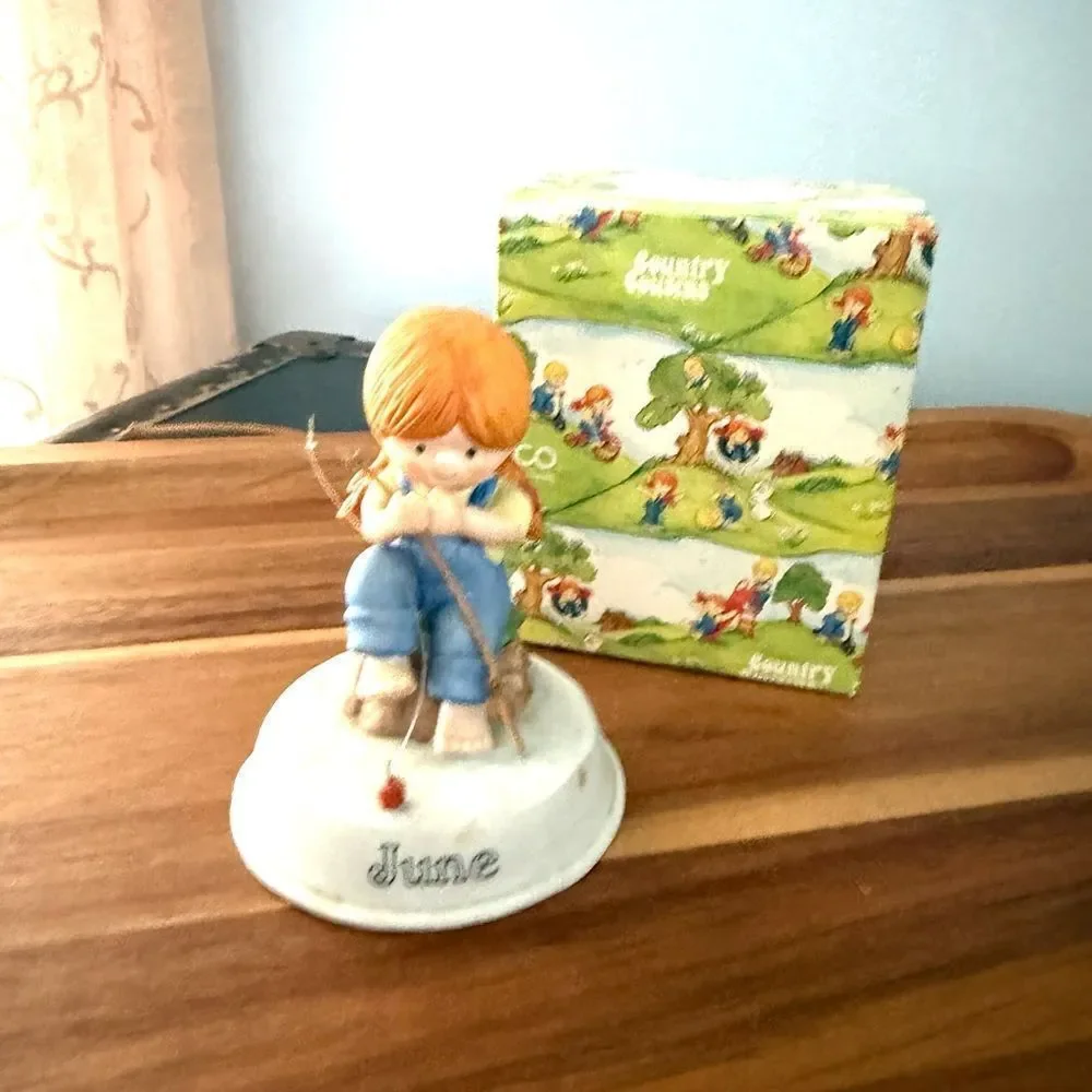 Enesco Vintage June COUNTRY COUSINS Katy FISHING ( pole ) Pond 1986 RARE